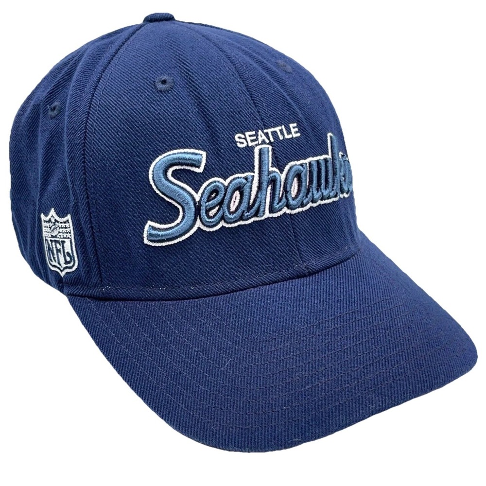 Vintage Seattle Seahawks Hat Cap Strap Back Blue Script Wool Dad Adjustable Y2K